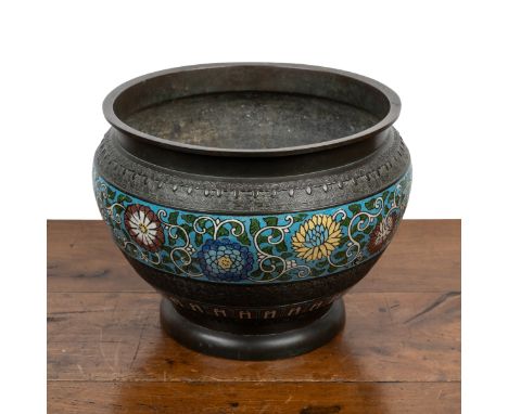 A 19th century Chinese bronze bowl With enamel banded decoration, the wide central band with floral decoration on a blue grou