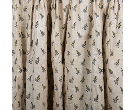 A pair of silk-lined curtains With printed floral sprays on a cream ground. Each 240cm wide x 114cm longQty: 2Some browning t