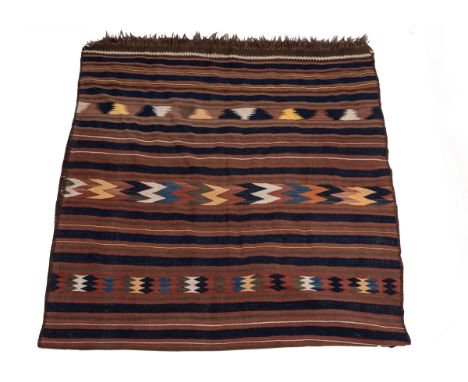 A 20th century striped Kilim With geometric decoration.410cm x 190cmQty: 1In generally good condition. Light uneven sun fadin