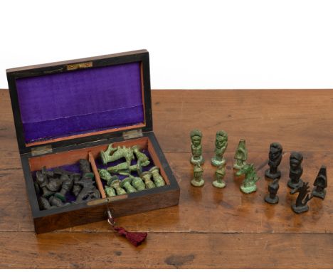 A mid-century Scandinavian bronze chess set  One half patinated green, the other in black. The set complete with an antique r