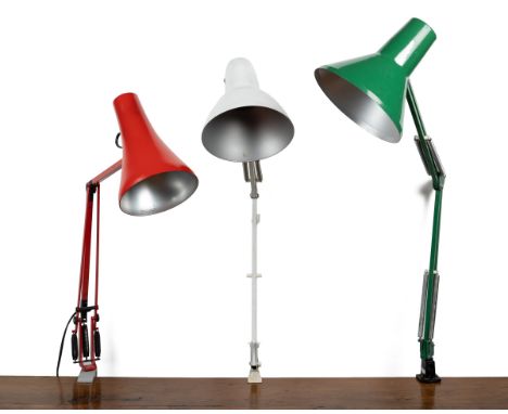 Three table-mounted Anglepoise lamps Red, blue and white.Each approximately 85cm tall.Qty: 3In generally good condition. Ligh