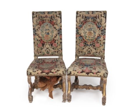 A pair of 19th century gilded chairs Each with tapestry upholstered fabric.50cm wide x 50cm deep x 115cm highQty: 2Loss to th