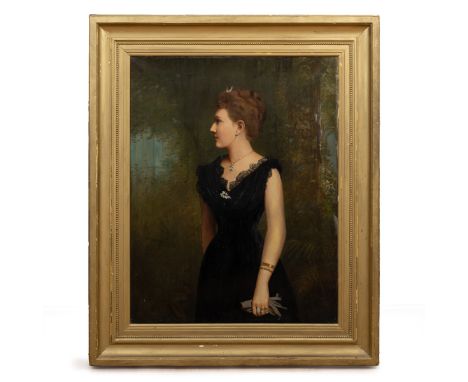 20th Century British School Three-quarter length portrait of a lady in a cocktail dress, oil on canvas.90cm x 70cmQty: 1Some 