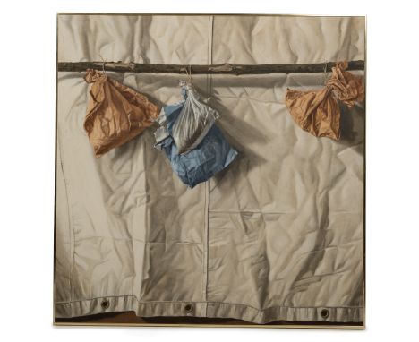 David Shaw (British 1952-1988)  Ned's Bags, acrylic on canvas, signed lower right.     105.5cm x 105.5cm  Previously sold at 