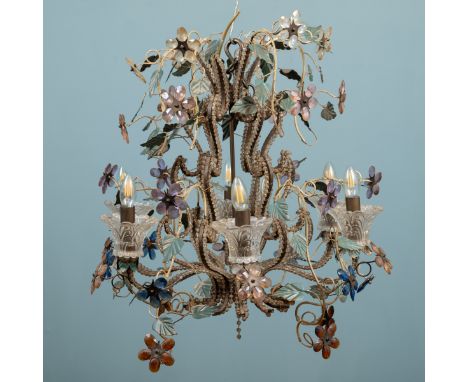 A wirework and glass six-branch chandelier. With coloured glass floral decoration.68cm x 58cmQty: 1Some of the glass droplets