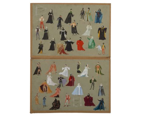 A pair of sheets of theatrical costume designs for "The White Devil" by John Webster Gouache on paper mounted on card.38.5cm 