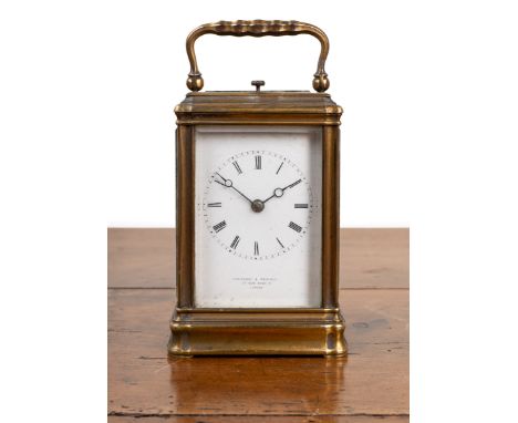An antique repeater carriage clock with a Gorge case The enamelled dial signed 'Thompson &amp; Profaze 25 New Bond Street Lon