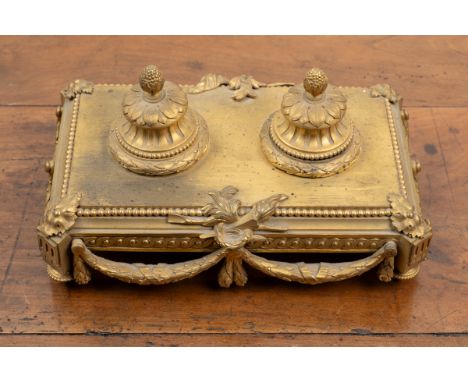 A 19th century French inkwell With a hinged lidded inkwell and sander, the rectangular stand with guilloché decorated borders