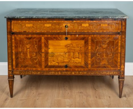 A 19th century Italian marble-topped commode The three drawers with marquetry inlay, raised on tapered legs.125cm wide x 62.5