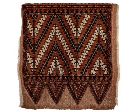 A late 19th or early 20th century Turkmen Yomot Okbash With zig-zag decoration in blues, whites, and reds. 76cm x 71cmQty: 1I