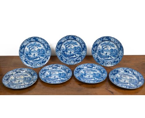 Seven Spode blue and white transfer-printed plates Decorated with the Fishermen With Nets pattern designed by Roger Hamilton.