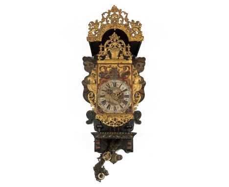An early 19th century Dutch Frisian painted wall clock With gilt metal mounts to the canopy and clock, the painted clock dial
