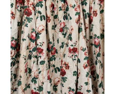 Two pairs of interlined curtains With a rose print pattern on a cream ground with a green trim.The first pair, each curtain 3