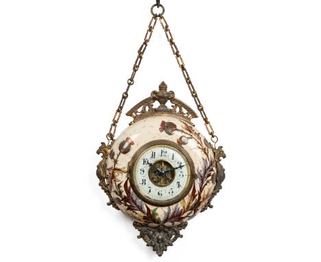 Henri-Eugène-Adrien Farcot (French 1830-1896) A 19th century French chain-hanging ceramic clock. The body decorated with this