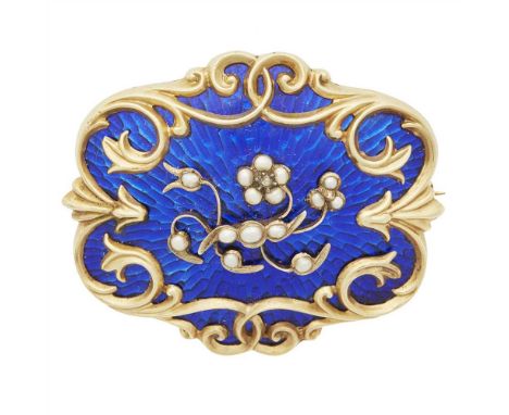 An early Victorian enamel and pearl set mourning brooch of shaped oval outline, the blue enamel ground with applied scrolling