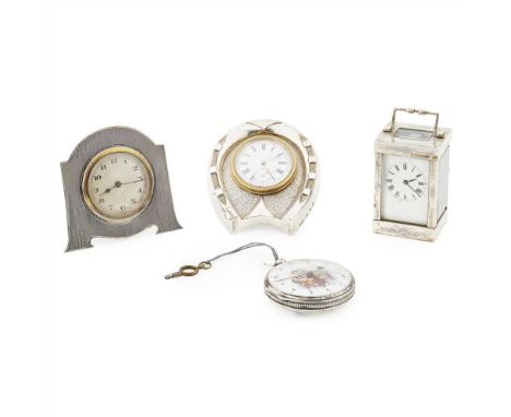 A group of three silver cased dressing table clocks and a pocket watch Douglas Clock Co., Birmingham 1898, modelled as a hors