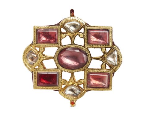 An Indian tourmaline and diamond set and enamelled pendant of stylised quatrefoil design, the openwork mounts set with foiled