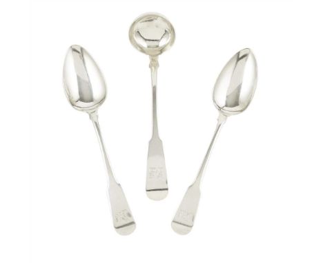 A pair of early 19th century dessert spoons indistinct marks, of Fiddle pattern, crest to terminal; together with a toddy lad