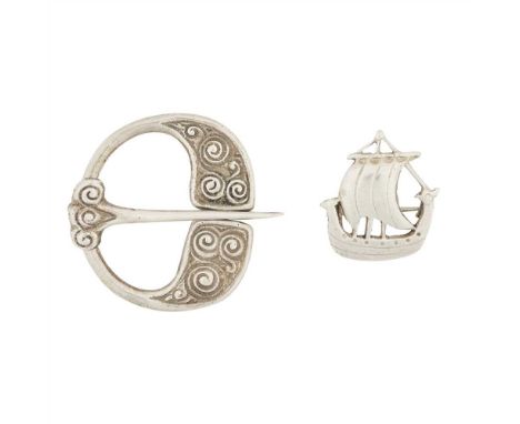 An Alexander Ritchie penannular pin Iona Celtic School, Birmingham 1936, with embossed scrolling nautical detail; together wi