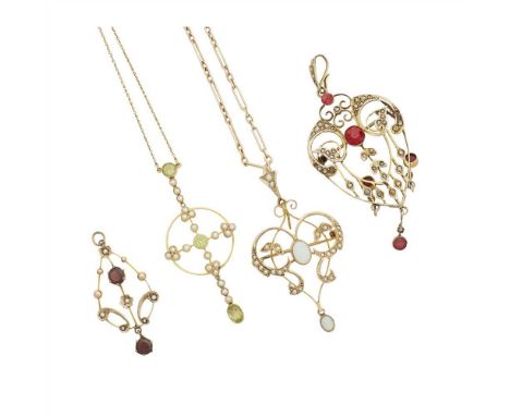 A collection of four gem set pendants to include a seed pearl and peridot set pendant, stamped 15ct; an opal and seed pearl s