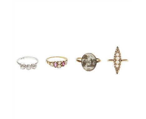 A collection of four gem set rings to include a three stone diamond ring, to a plain shank, stamped PLAT; an opal and diamond