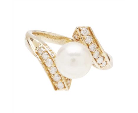 A pearl and diamond set ring set with an Akoya cultured pearl, the split shoulders set throughout with graduated round brilli