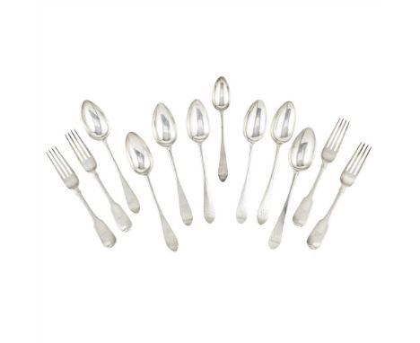 A set of four George II tablespoons indistinct makers mark, Edinburgh 1751, of Celtic Point pattern; together with another si