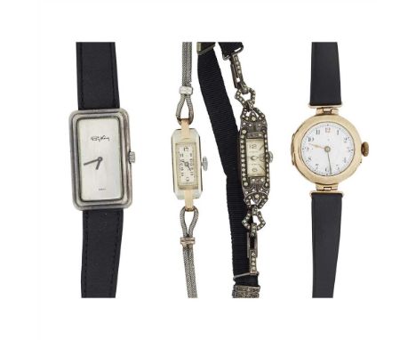 A collection of four wrist watches an 18ct two colour gold cased Art Deco cocktail watch, of slim rectangular form, stepped c