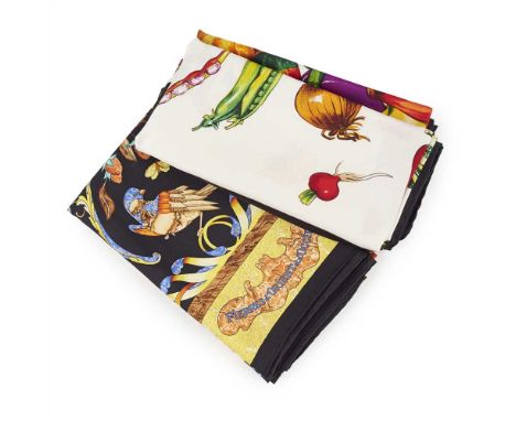 Two silk patterned scarves., Hermès &amp; Karl Lagerfeld the first by Hermès, of block colour with bird and floral motifs, th