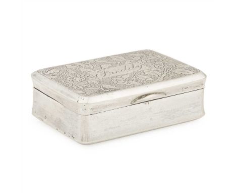 A Chinese export snuff box stamped HHC and Chinese character mark, of rectangular form, curved corners, chased foliate detail