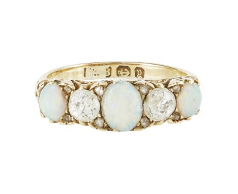 A five stone opal and diamond set ring claw set with a row of alternating oval opal cabochons and old round cut diamonds, to 