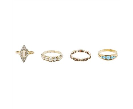 Four gem set rings to include a five stone turquoise ring, stamped 18; a seven stone pearl set ring, unmarked; an opal and di