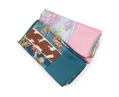 Two silk patterned scarves., Hermès the first pink, with floral detail; the second green, with classical motifs (2) .Conditio