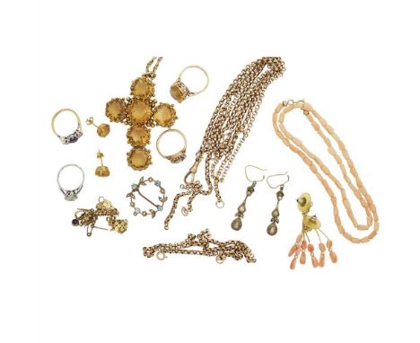 Y A collection of jewellery to include a large citrine set pendant cross, to a gilt metal chain; a coral necklace and matchin