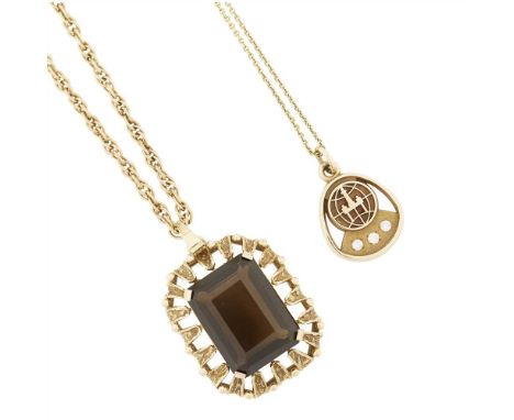 Two gem set pendants the first set with a large smokey quartz in a textured 9ct gold surround, to an unmarked fancy link chai