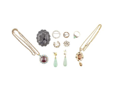 A group of Victorian and later jewellery to include a citrine set pendant necklace, a pair of jade set pendant earrings; a pe
