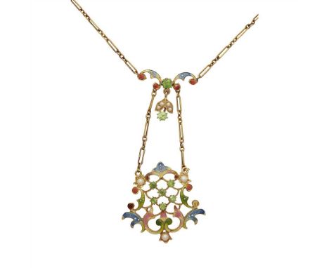 An early 20th century enamel and gem set pendant necklace the pendant of pierced scrolling design, the enamel ground set at i