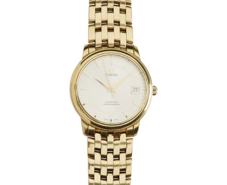 A gentleman's 18ct gold wrist watch, Omega Ref. BA 396 1016, automatic chronometer, silvered dial with date and sweep second 