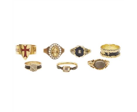 A collection of mourning rings to include an 18ct gold and black enamel Georgian mourning ring, another unmarked paste set ex