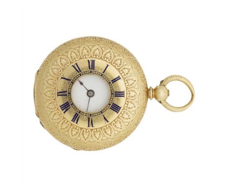 An 18ct gold and enamel lady's fob watch in a demi hunting case, key wind, outer case with blue enamel chapter ring, floral e