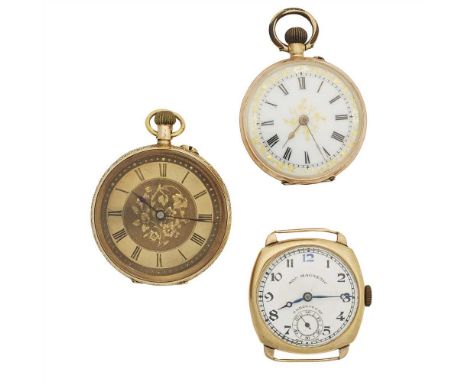 Two Victorian small gold fob watches floral engraved cases, both keyless wind, one with white and enamel dial, the other gilt