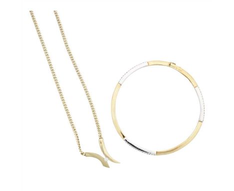 A modern diamond set bangle and pendant necklace the 14ct gold bangle of hinged design, set at intervals with rows of fifteen