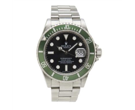 A gentleman's stainless steel wrist watch, Rolex Submariner, Ref. 16610 T, black dial, rotating green bezel, 'Kermit' sweep s