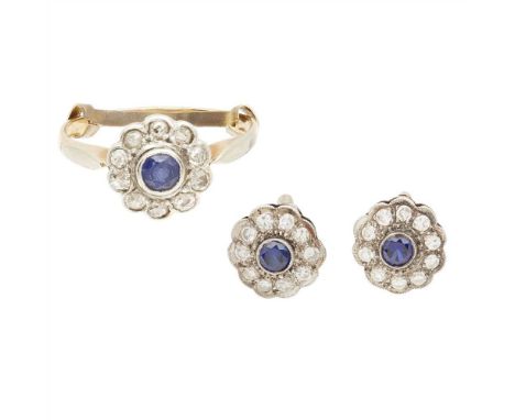 A pair of sapphire and diamond set earrings collet set with a circular cut sapphire in a border of eight-cut diamonds, to unm