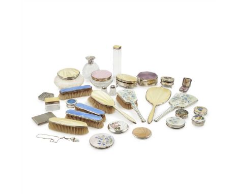 A good collection of enamelled dressing table brushes and accessories various makers and marks, to include various dressing t