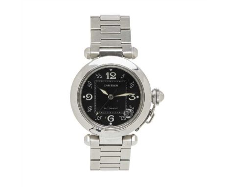 A stainless steel wrist watch, Pasha de Cartier Religio, 2324, black dial, Arabic numerals, sweep second hand, date aperture,