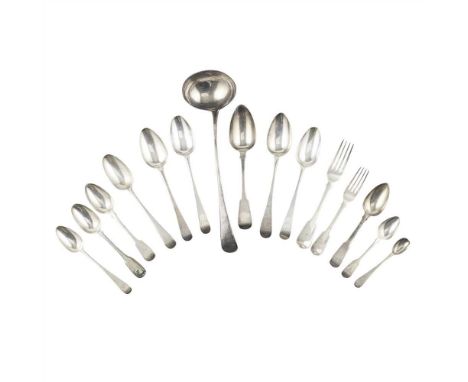 A collection of flatware various marks and makers, to include, a soup ladle 1803, of Old English, initials engraved to termin