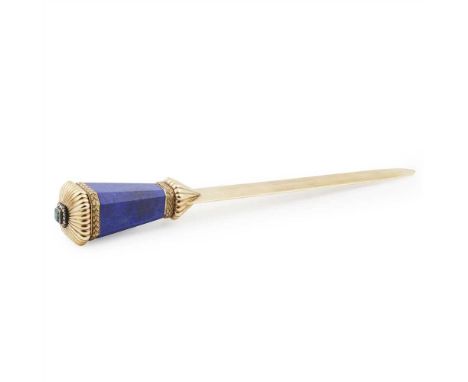 An emerald and diamond set letter opener the blade of tapering form, the lapis lazuli handle with yellow metal mounts in two 