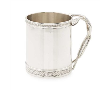 A George III mug lacking makers mark, London 1790, of traditional form, embossed bud border to rim, scale border to base, two