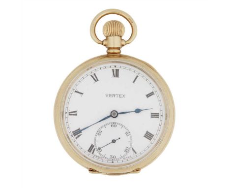 A 9ct gold cased pocket watch, Vertex in plain open faced case, white enamel dial, Roman numerals, subsidiary seconds dial, k